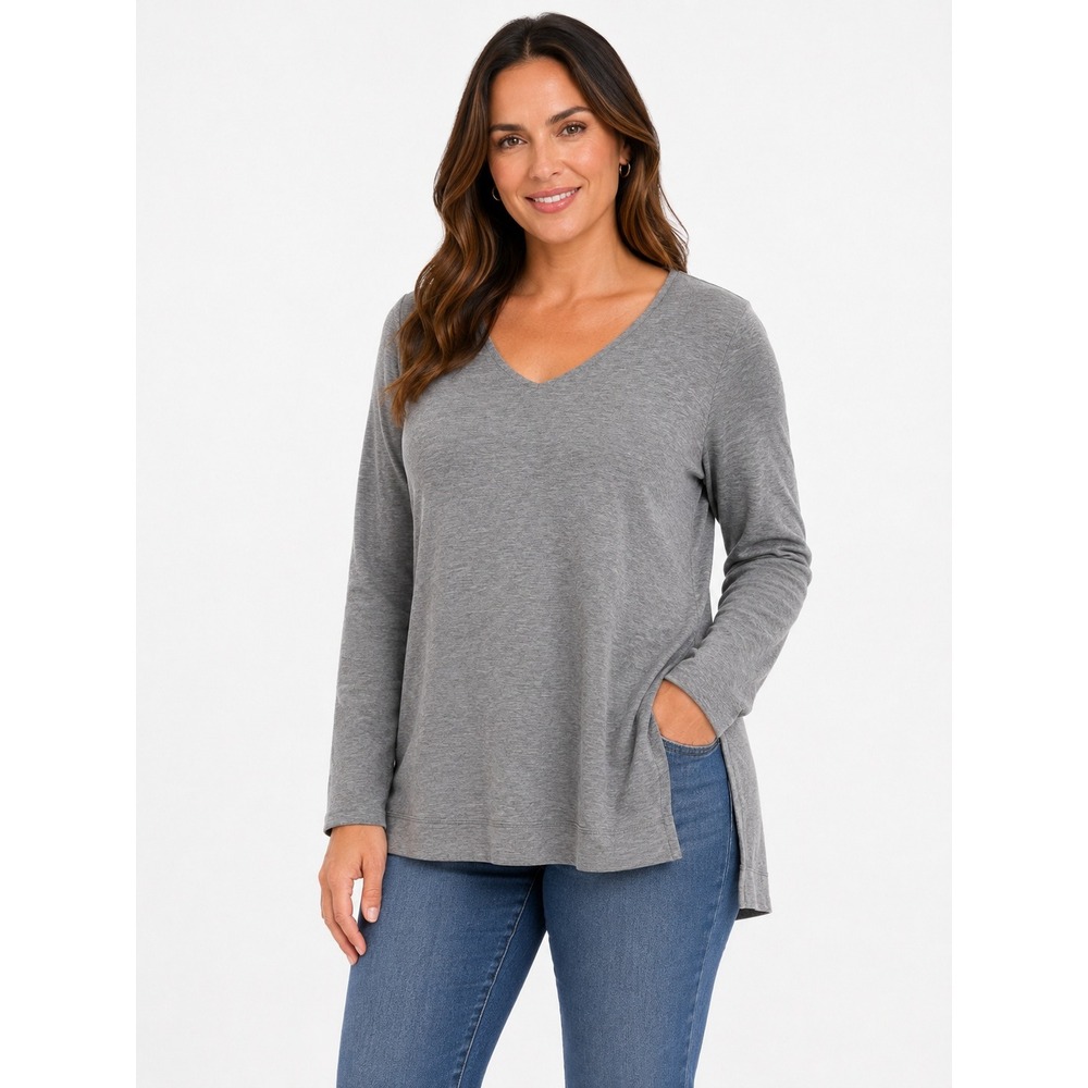 Pure Jill Tunic Top Womens Large Gray Luxe Tencel V-Neck Long Sleeve Side Slit
